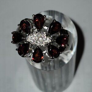 .925 Sterling Silver Oval Floral Garnet/Cubic Zirconia Ring Size 8 Value $680